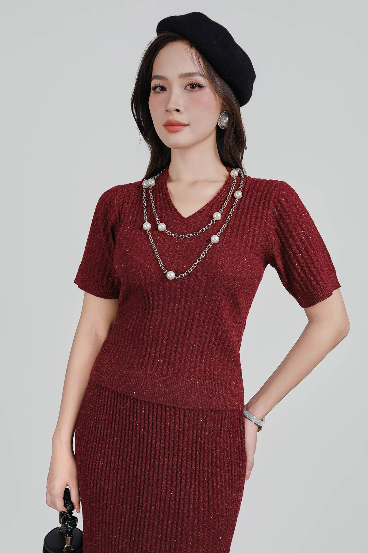 BOL446 - Áo len thời trang cao cấp dáng ôm co giãn cổ xẻ chữ V tay ngắn - PANTIO