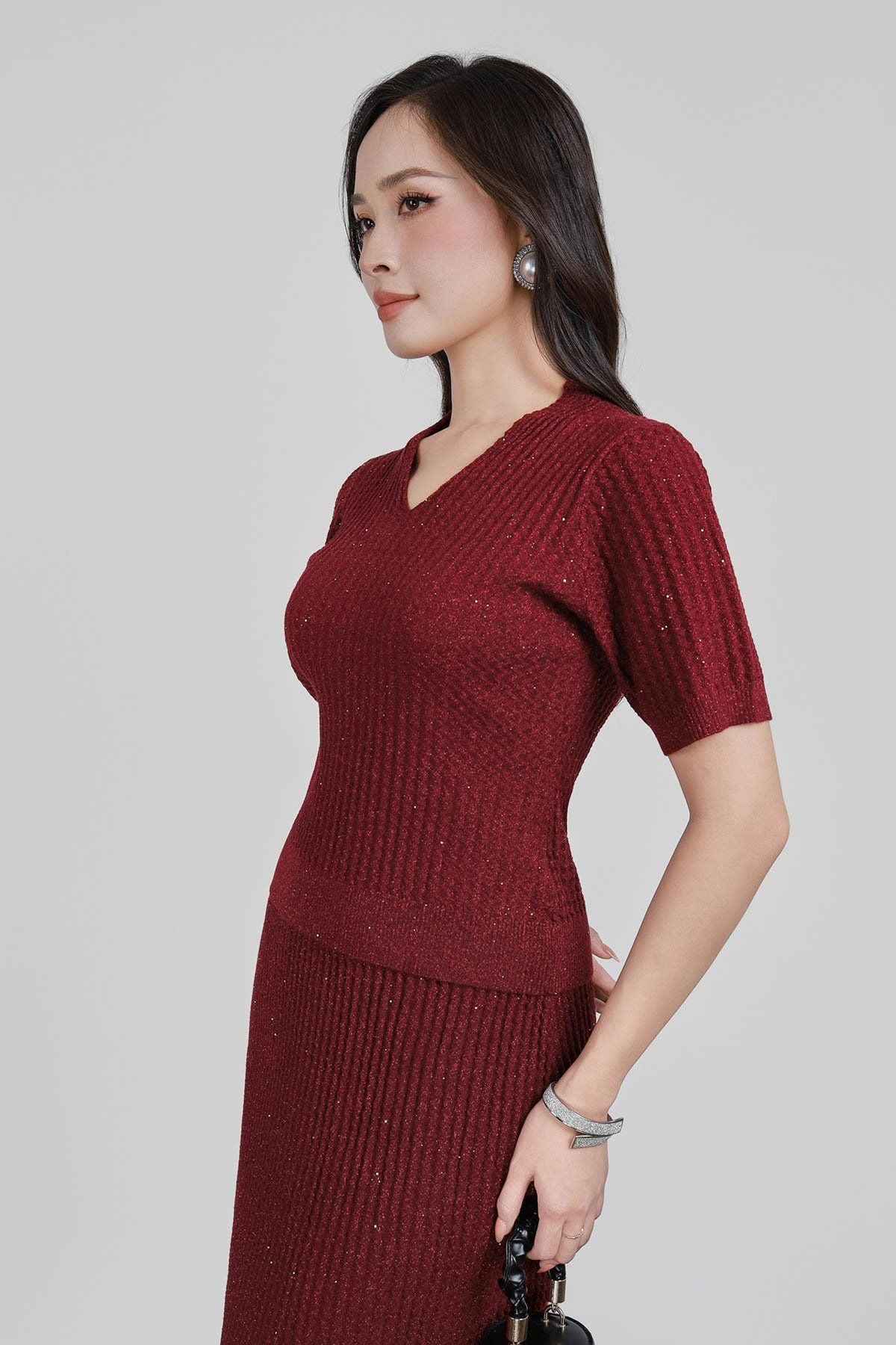 BOL446 - Áo len thời trang cao cấp dáng ôm co giãn cổ xẻ chữ V tay ngắn - PANTIO