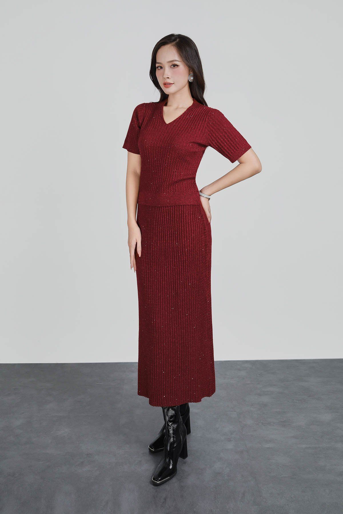 BOL446 - Áo len thời trang cao cấp dáng ôm co giãn cổ xẻ chữ V tay ngắn - PANTIO