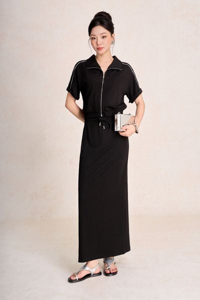 BTT1015 - Bộ thể thao vải len áo suông cổ bẻ gấu áo bo chun ôm , chân váy suông dài cạp chun xẻ tà sau - PANTIO