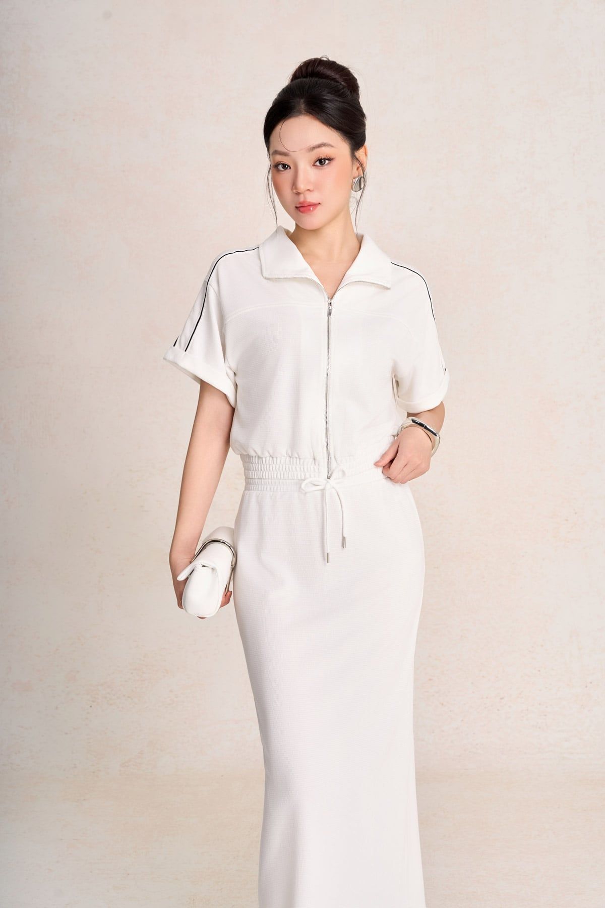 BTT1015 - Bộ thể thao vải len áo suông cổ bẻ gấu áo bo chun ôm , chân váy suông dài cạp chun xẻ tà sau - PANTIO