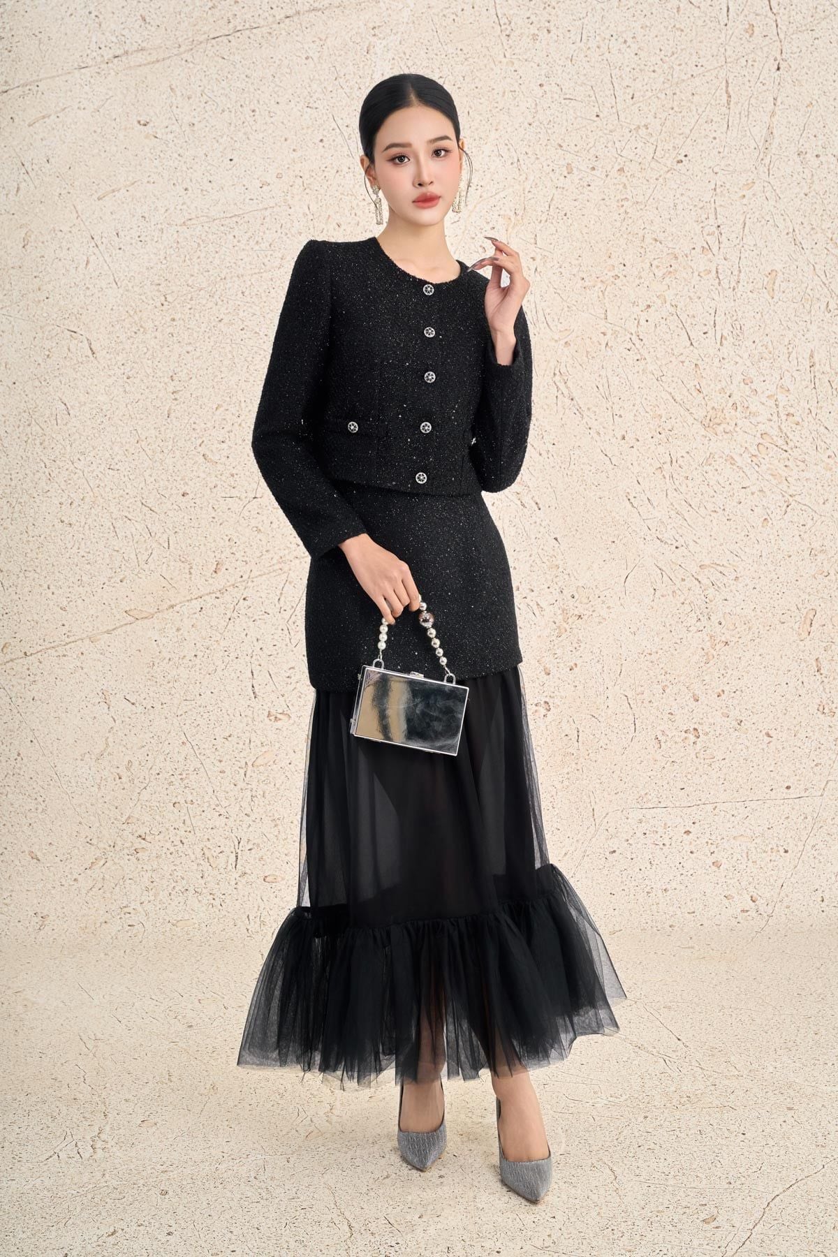 FJD71315 - Chân váy dài vải dạ dáng xoè thân váy phối lưới tạo kiểu - PANTIO