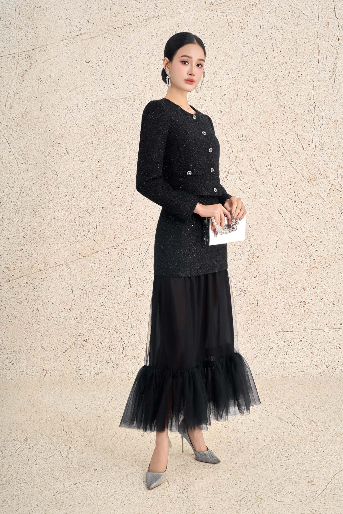 FJD71315 - Chân váy dài vải dạ dáng xoè thân váy phối lưới tạo kiểu - PANTIO