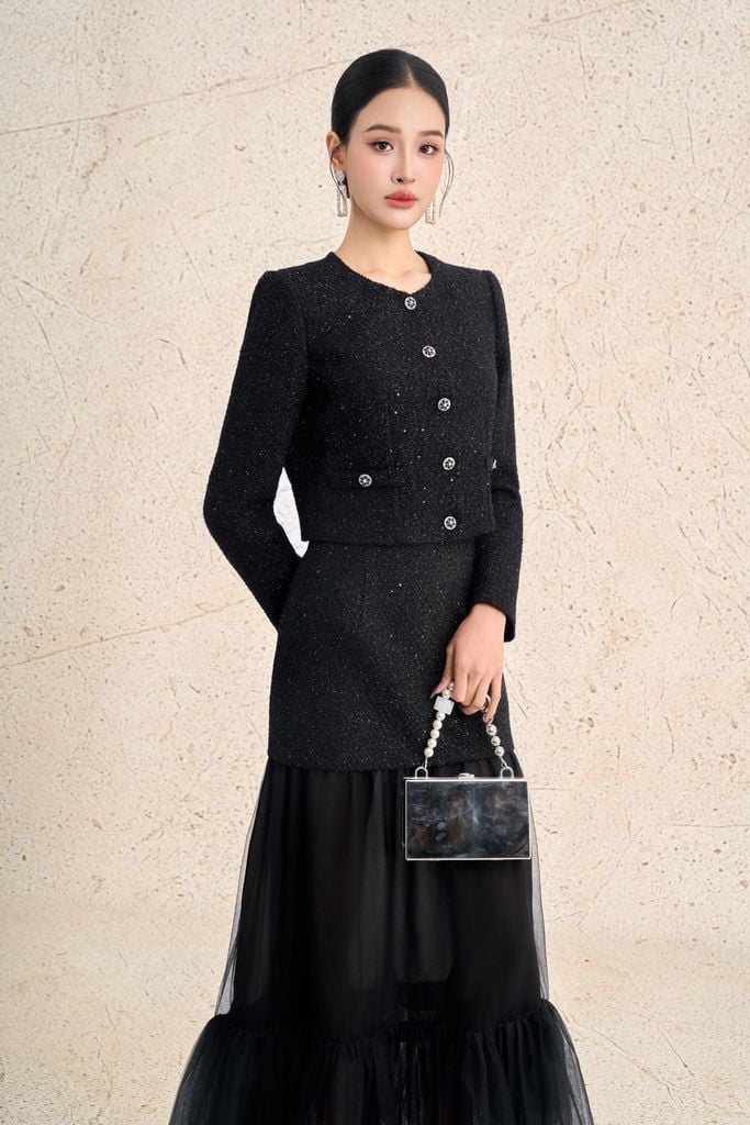 FJD71315 - Chân váy dài vải dạ dáng xoè thân váy phối lưới tạo kiểu - PANTIO