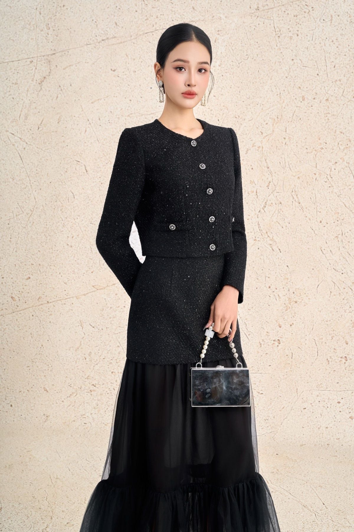 FJD71315 - Chân váy dài vải dạ dáng xoè thân váy phối lưới tạo kiểu - PANTIO