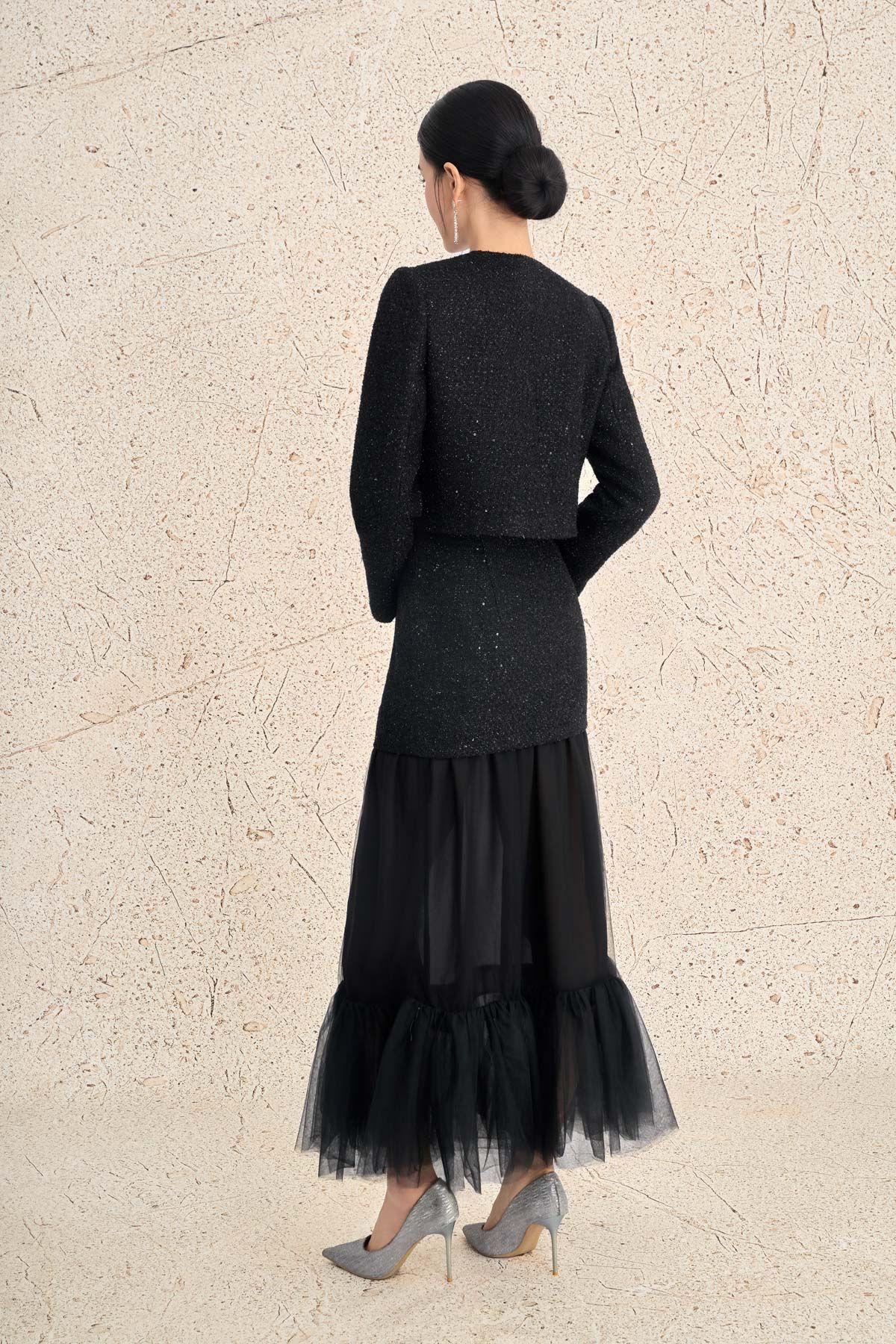 FJD71315 - Chân váy dài vải dạ dáng xoè thân váy phối lưới tạo kiểu - PANTIO