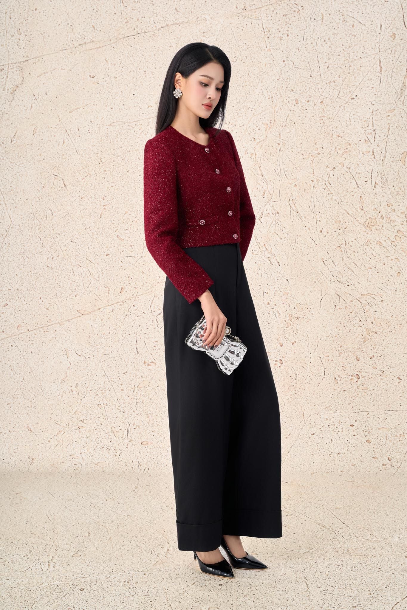 FAD7535 - Áo khoác vải dạ cao cấp dáng ngắn cổ tròn tay bồng nhẹ thân áo đính khuy đá thời trang - PANTIO