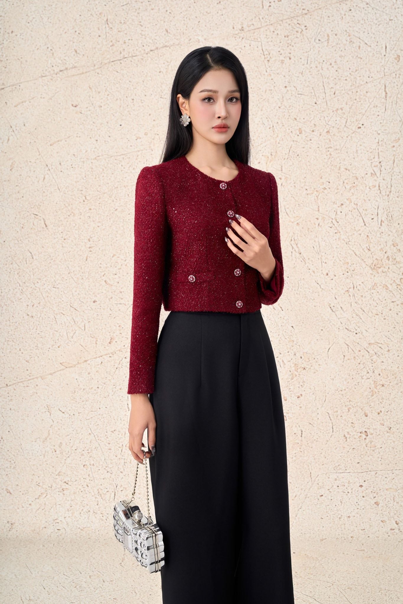 FAD7535 - Áo khoác vải dạ cao cấp dáng ngắn cổ tròn tay bồng nhẹ thân áo đính khuy đá thời trang - PANTIO