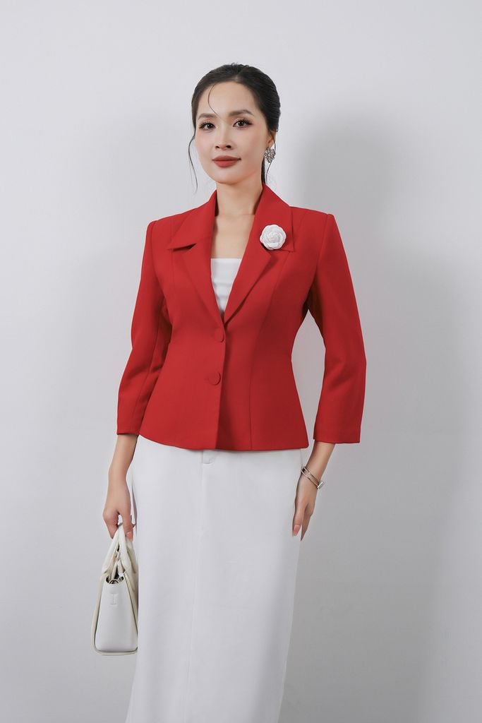 FAD9519 - Áo vest công sở vải thô dày dáng ôm cổ hai ve kèm hoa cài trang trí - PANTIO