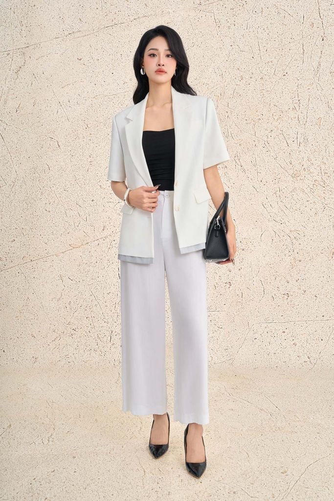 FAD9537 - Áo vest công sở vải tuytsi dáng suông cổ hai ve tay cộc thân áo có túi phối hoạ tiết đường gân tạo kiểu - PANTIO