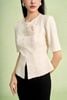 FAD9543 - Áo kiểu công sở dáng peplum cổ tròn tay cộc thân trước phối khuy kèm hoa cài tạo kiểu - PANTIO