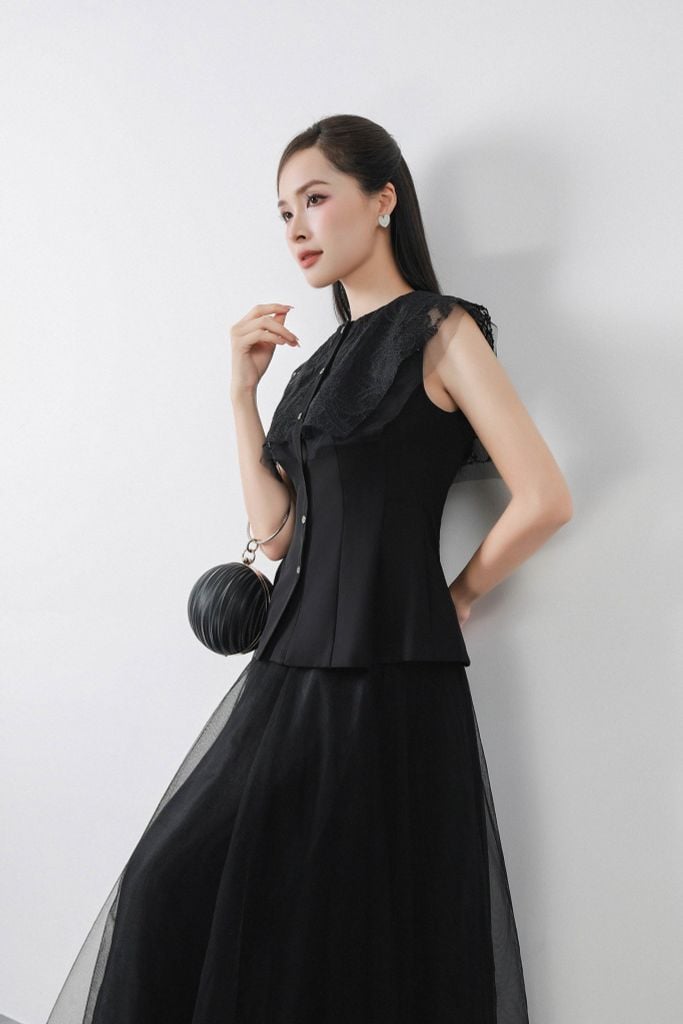FAK11406 - Áo kiểu công sở vải thô dáng ôm cổ tròn ngực phối ren lưới tạo kiểu cài khuy trước - PANTIO