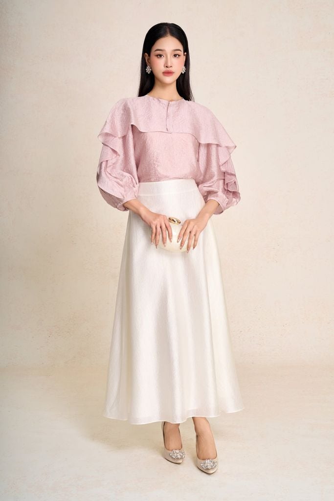 FAK11515 - Áo sơ mi kiểu công sở vải tơ dáng suông cổ tròn tay bồng phối bèo tạo kiểu - PANTIO