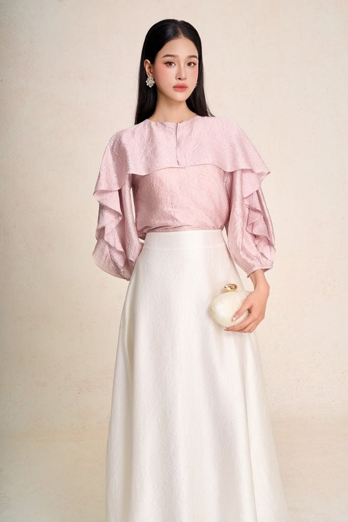 FAK11515 - Áo sơ mi kiểu công sở vải tơ dáng suông cổ tròn tay bồng phối bèo tạo kiểu - PANTIO