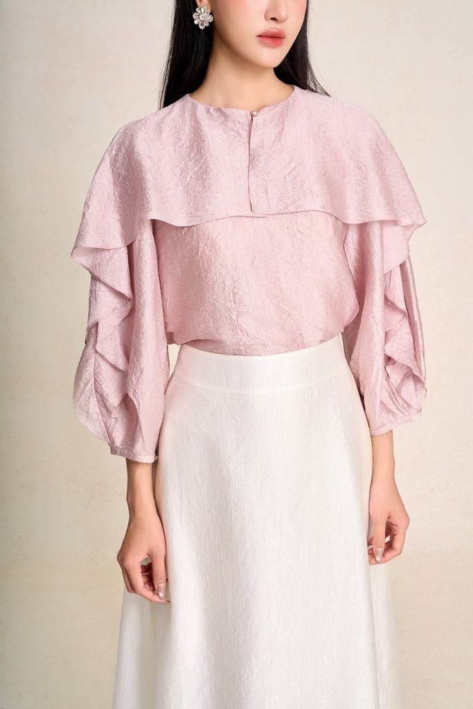 FAK11515 - Áo sơ mi kiểu công sở vải tơ dáng suông cổ tròn tay bồng phối bèo tạo kiểu - PANTIO