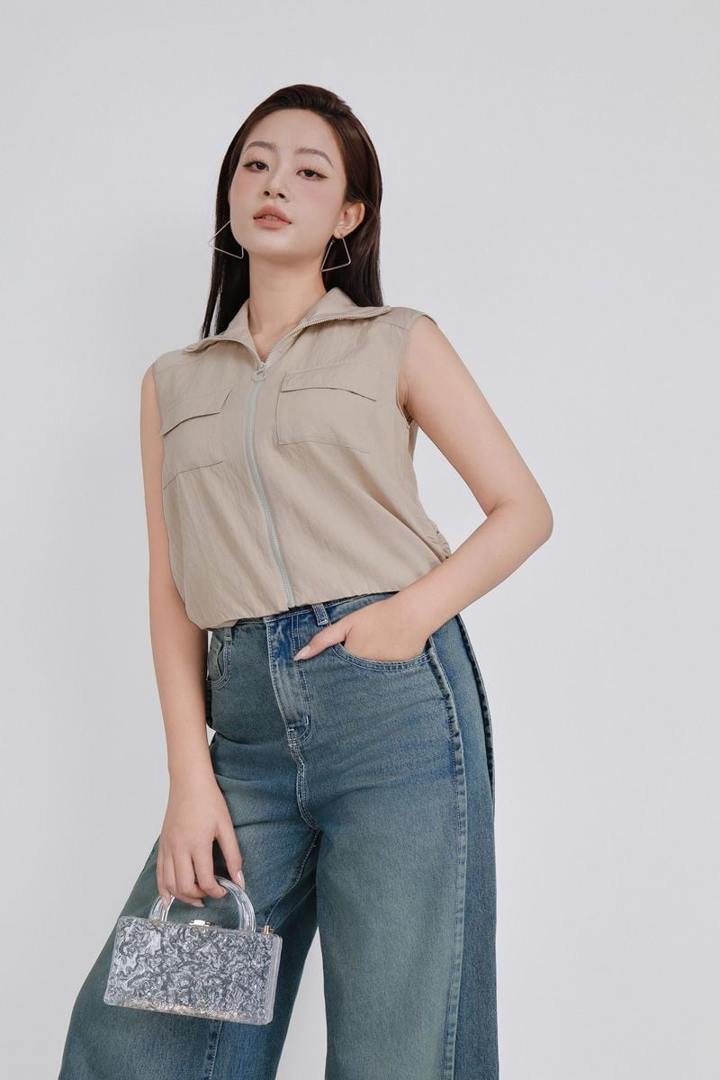 FAK31418 - Áo kiểu dạo phố vải tuytsi dáng croptop cổ bẻ thân áo phối khoá tạo kiểu ngực đính nắp túi ốp thời trang - PANTIO