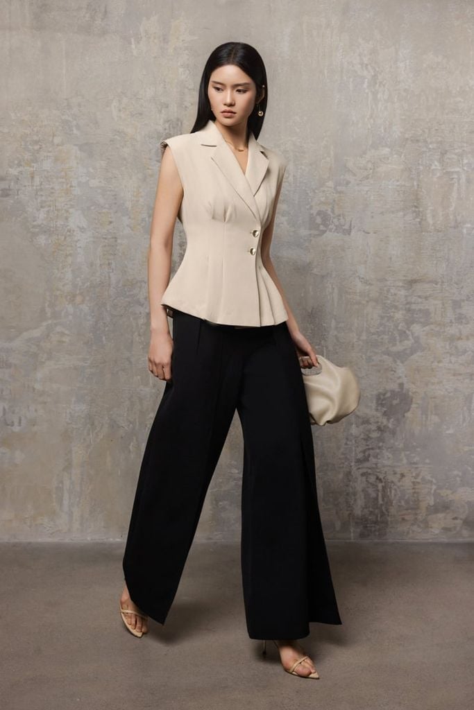 BQD73183 - Quần dài công sở vải phi cát dáng suông ống đứng phối vạt thời trang cạp đính phụ kiện kim loại - PANTIO