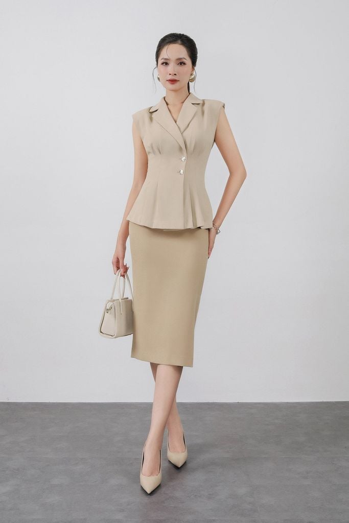 FJD51060 - Chân váy công sở vải thô nhung dáng bút chì cạp liền dài qua gối khóa thân sau - PANTIO