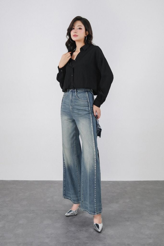 FAK31441 - Áo sơ mi kiểu vải cotton cao cấp dáng suông cổ đức tay dài kèm áo hai dây may liền tạo kiểu - PANTIO
