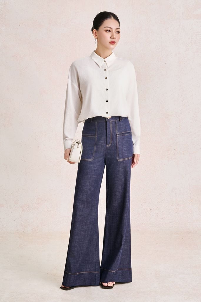 FQD51279 - Quần dài công sở vải denim dáng suông ống rộng cạp cao có túi tạo kiểu - PANTIO