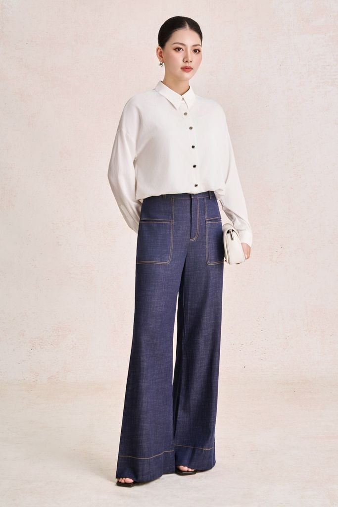 FQD51279 - Quần dài công sở vải denim dáng suông ống rộng cạp cao có túi tạo kiểu - PANTIO