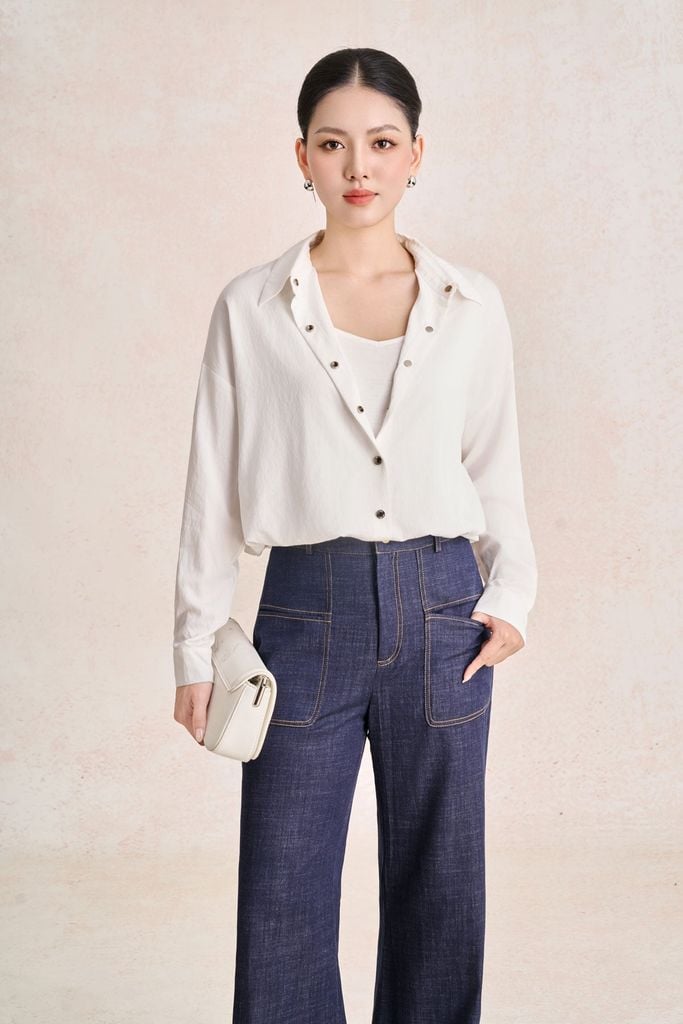 FQD51279 - Quần dài công sở vải denim dáng suông ống rộng cạp cao có túi tạo kiểu - PANTIO