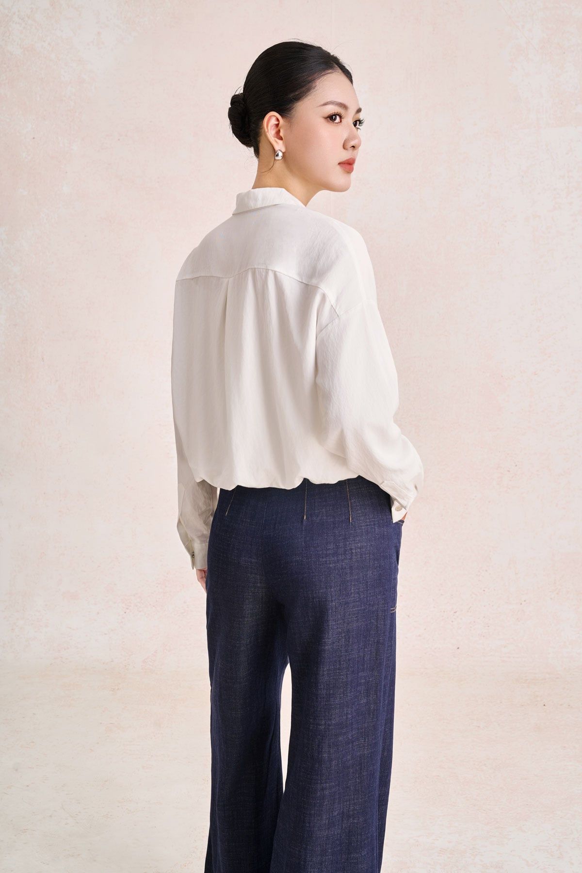 FQD51279 - Quần dài công sở vải denim dáng suông ống rộng cạp cao có túi tạo kiểu - PANTIO