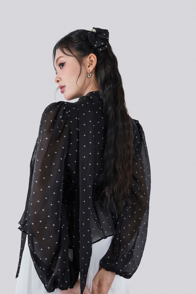 FAK31451 - Áo kiểu công sở vải tơ dáng ôm cổ xẻ V phối dây nơ gấu áo bo chun tạo kiểu - JAN.