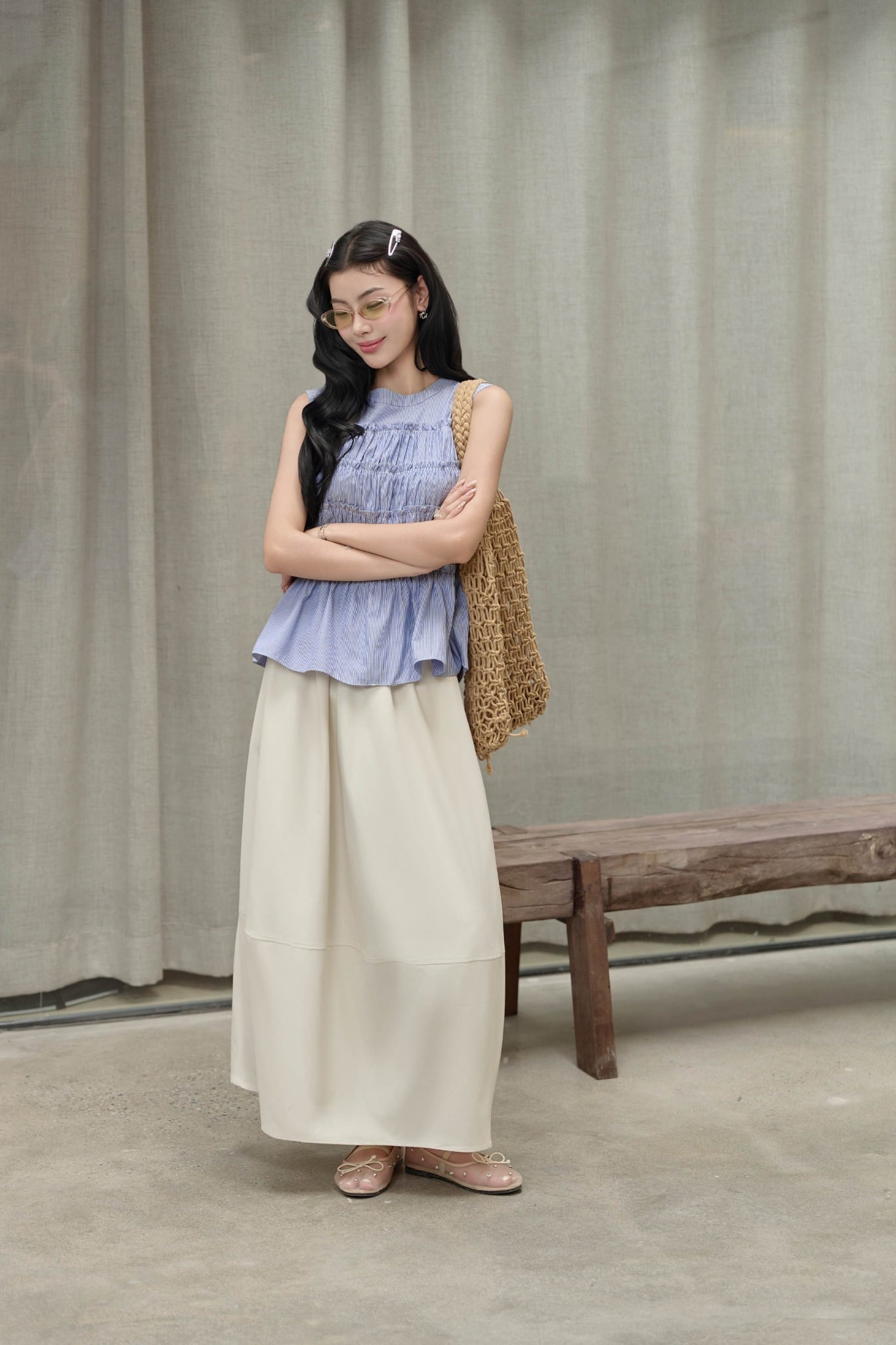 FAK31455 - Áo kiểu vải thô kẻ mỏng dáng ôm cổ tròn không tay thân áo bo chun tạo kiểu - JAN.