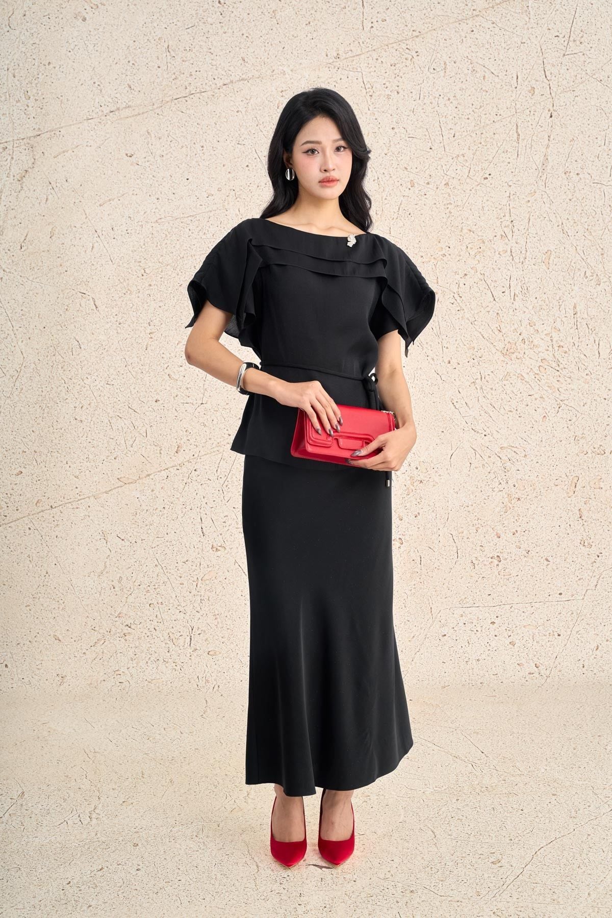 FJD51368 - Chân váy dài công sở vải lụa dáng suông dài cạp xếp nhún thời trang gấu váy đuôi cá tạo kiểu - PANTIO