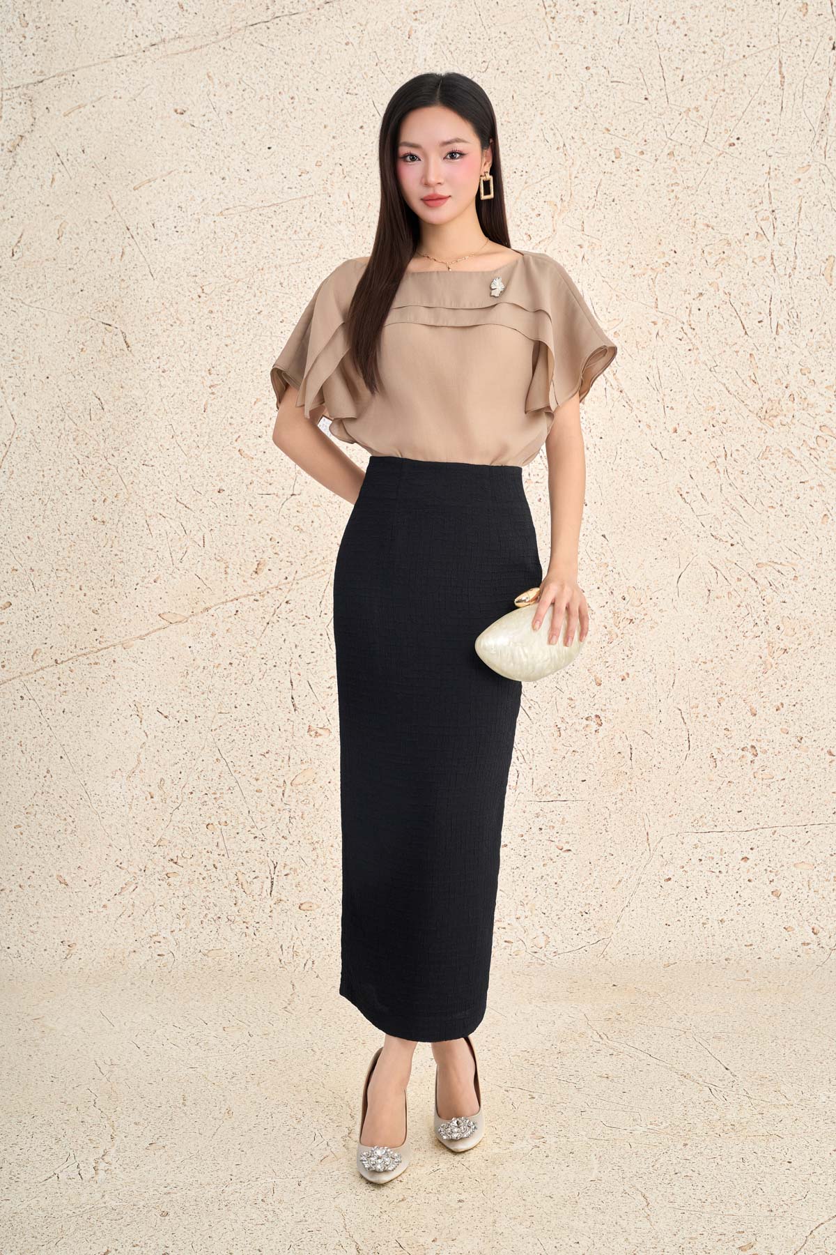 BJD73633 - Chân váy dài công sở vải thô dáng bút chì cạp liền khóa thân sau - PANTIO