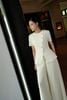 FAK31546 - Áo kiểu công sở vải thô dáng peplum cổ tròn tay cộc thân áo phối khuy vạt lệch cách điệu - PANTIO