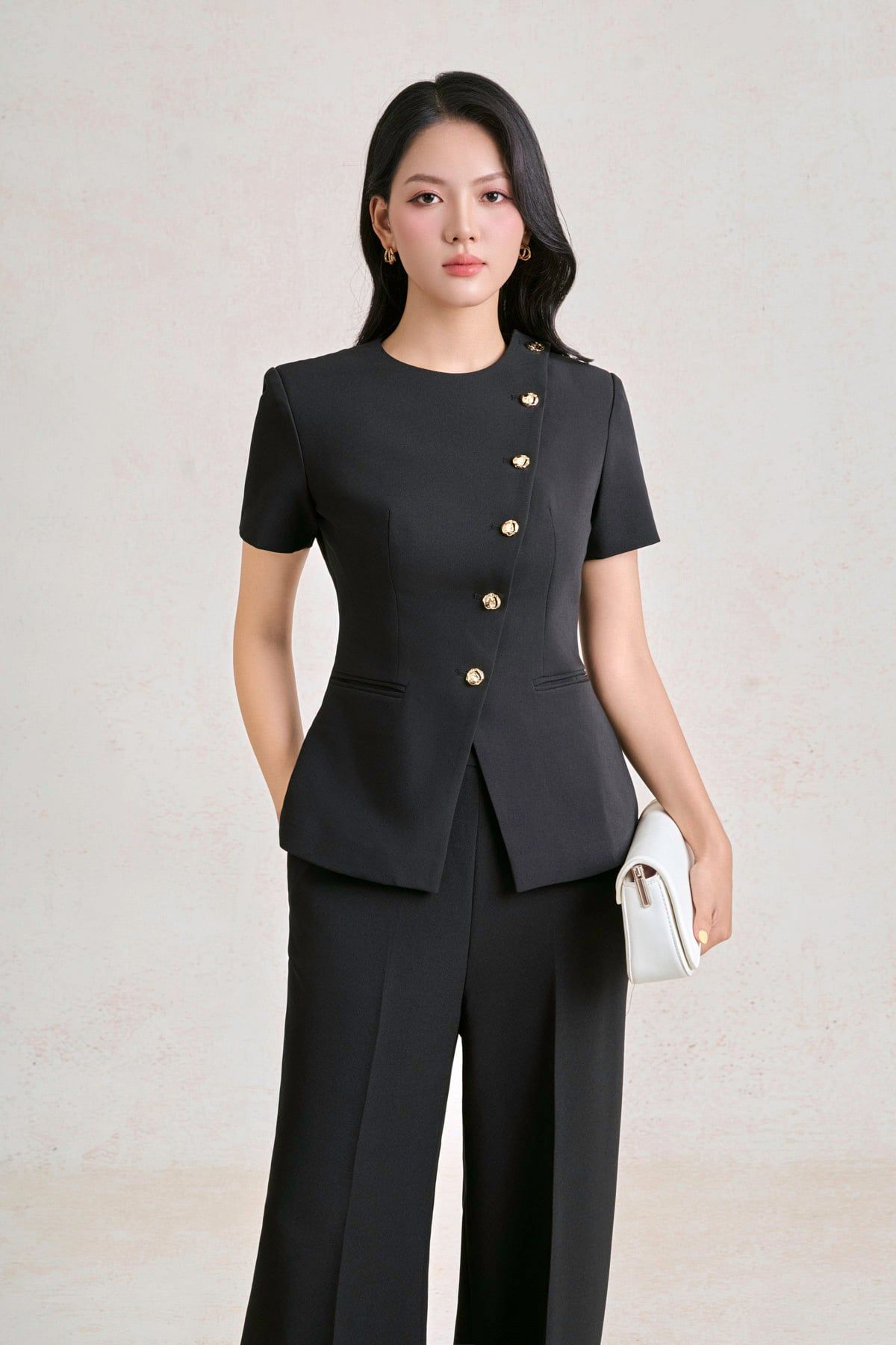 BQD93551 - Quần dài công sở vải thô dáng suông ống đứng phối đường ly tạo kiểu - PANTIO