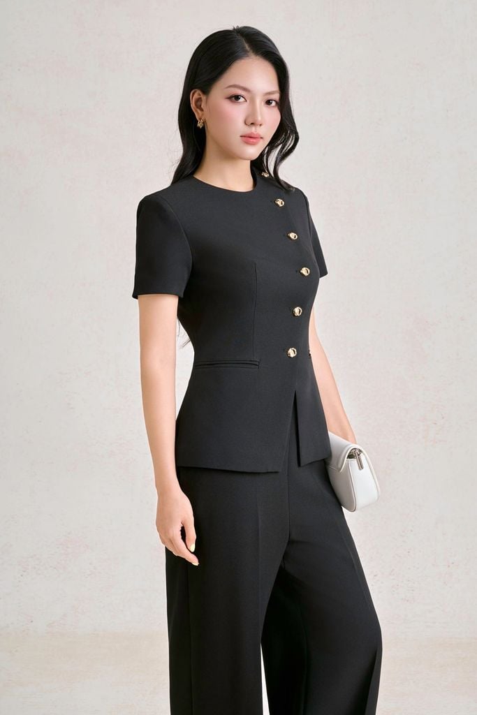 BQD93551 - Quần dài công sở vải thô dáng suông ống đứng phối đường ly tạo kiểu - PANTIO