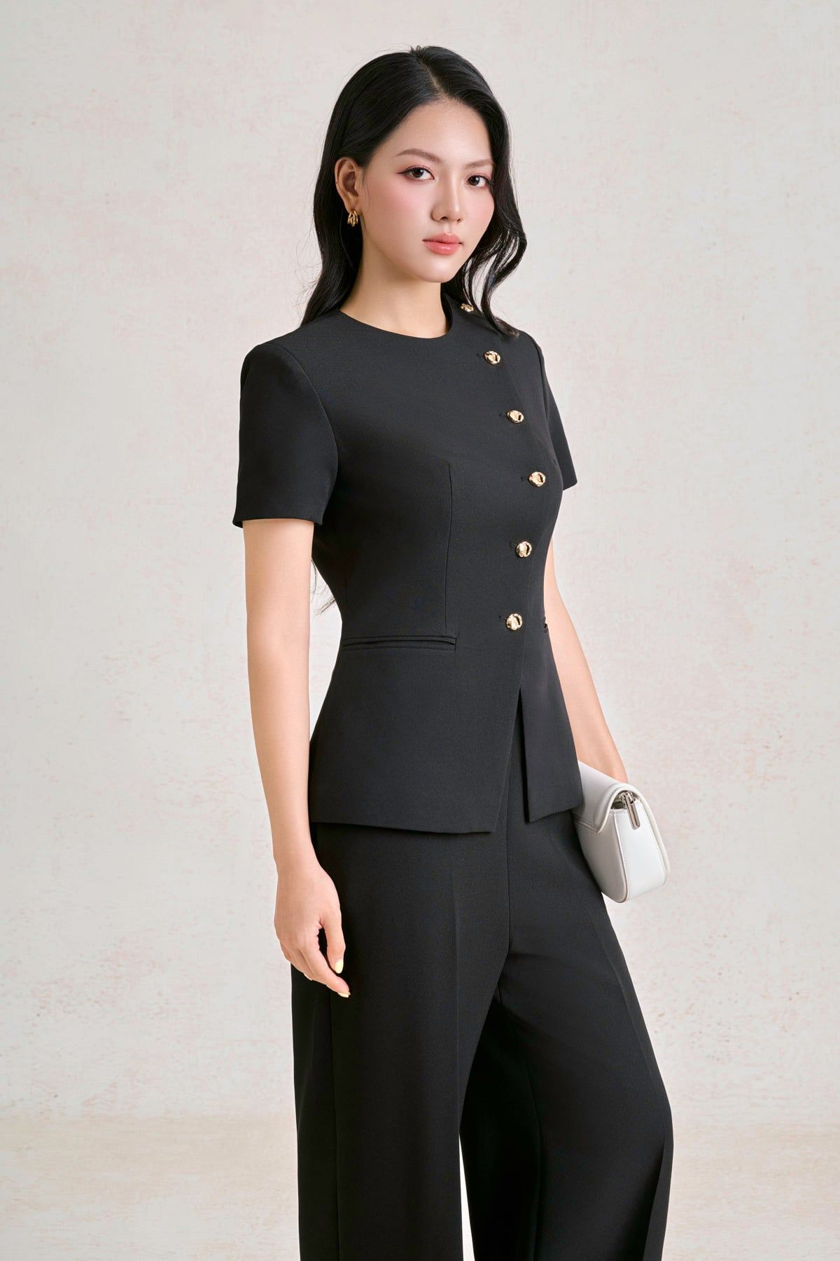 BQD93551 - Quần dài công sở vải thô dáng suông ống đứng phối đường ly tạo kiểu - PANTIO