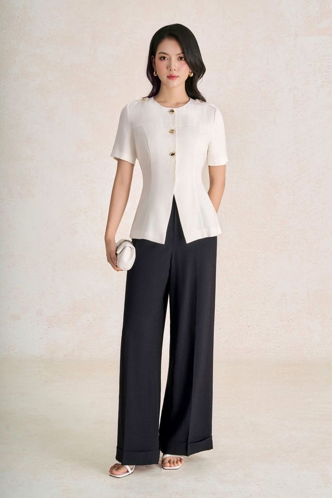 FAK31547 - Áo kiểu dạo phố vải thô đũi dáng peplum cổ tròn thân áo phối khuy kim loại tạo kiểu - PANTIO