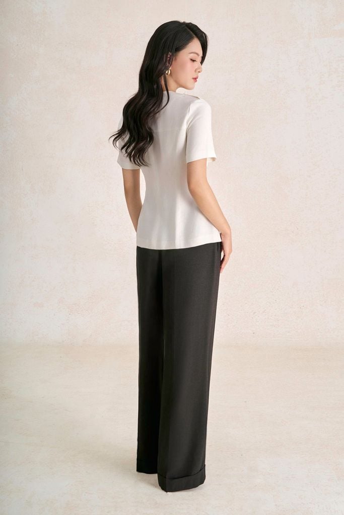 FAK31547 - Áo kiểu dạo phố vải thô đũi dáng peplum cổ tròn thân áo phối khuy kim loại tạo kiểu - PANTIO
