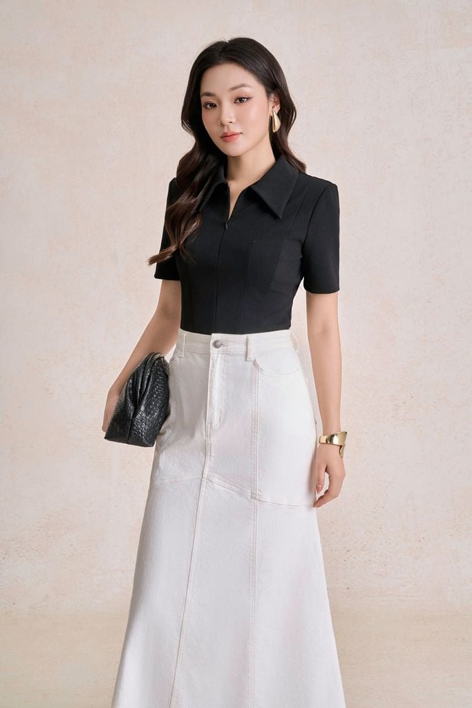 FJB038 - Chân váy jean cao cấp vải denim dáng A thân váy phối đường viền thời trang khoá thân trước - PANTIO