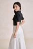 FAK31555 - Áo kiểu công sở vải cotton dáng ôm cổ bẻ tay cộc thân áo phối đường gân tạo kiểu gấu áo in hoạ tiết - tỷ lệ kèo 8899