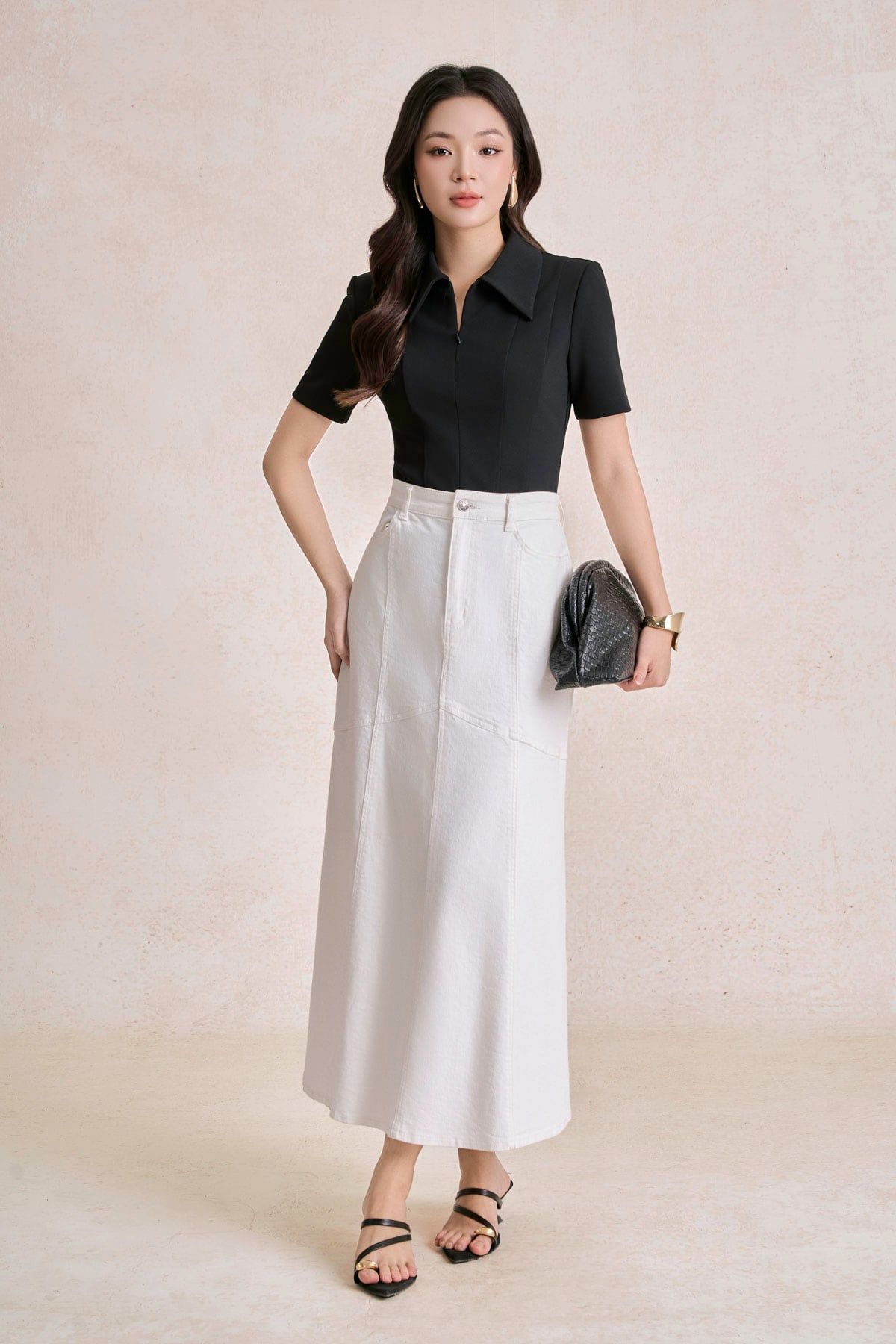 FJB038 - Chân váy jean cao cấp vải denim dáng A thân váy phối đường viền thời trang khoá thân trước - PANTIO