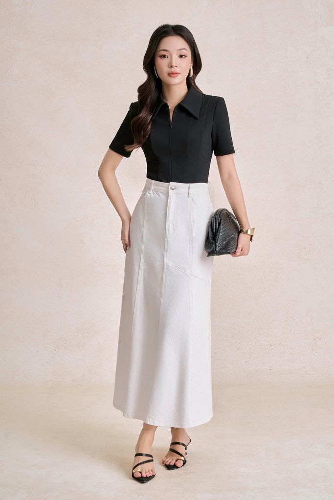 FAK31555 - Áo kiểu công sở vải cotton dáng ôm cổ bẻ tay cộc thân áo phối đường gân tạo kiểu gấu áo in hoạ tiết - tỷ lệ kèo 8899