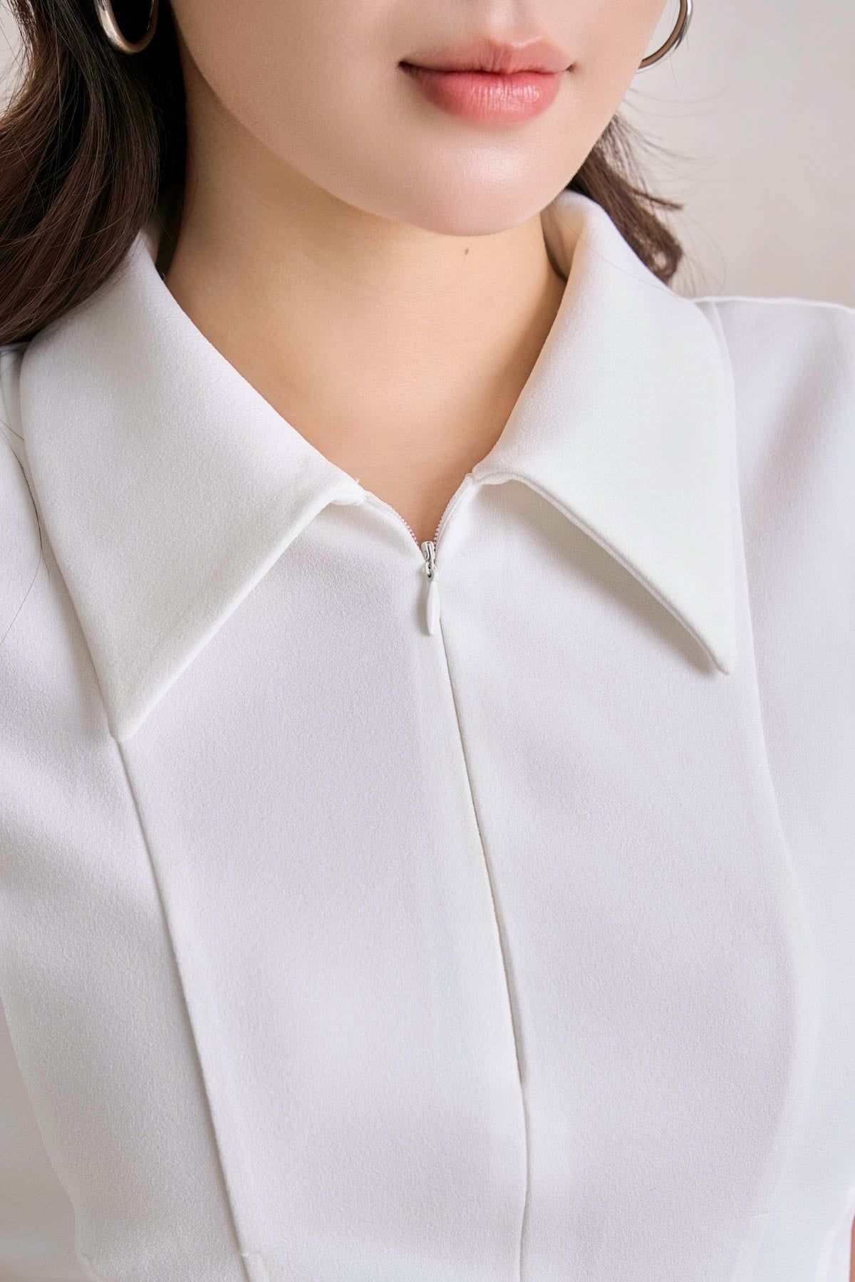 FAK31555 - Áo kiểu công sở vải cotton dáng ôm cổ bẻ tay cộc thân áo phối đường gân tạo kiểu gấu áo in hoạ tiết - tỷ lệ kèo 8899