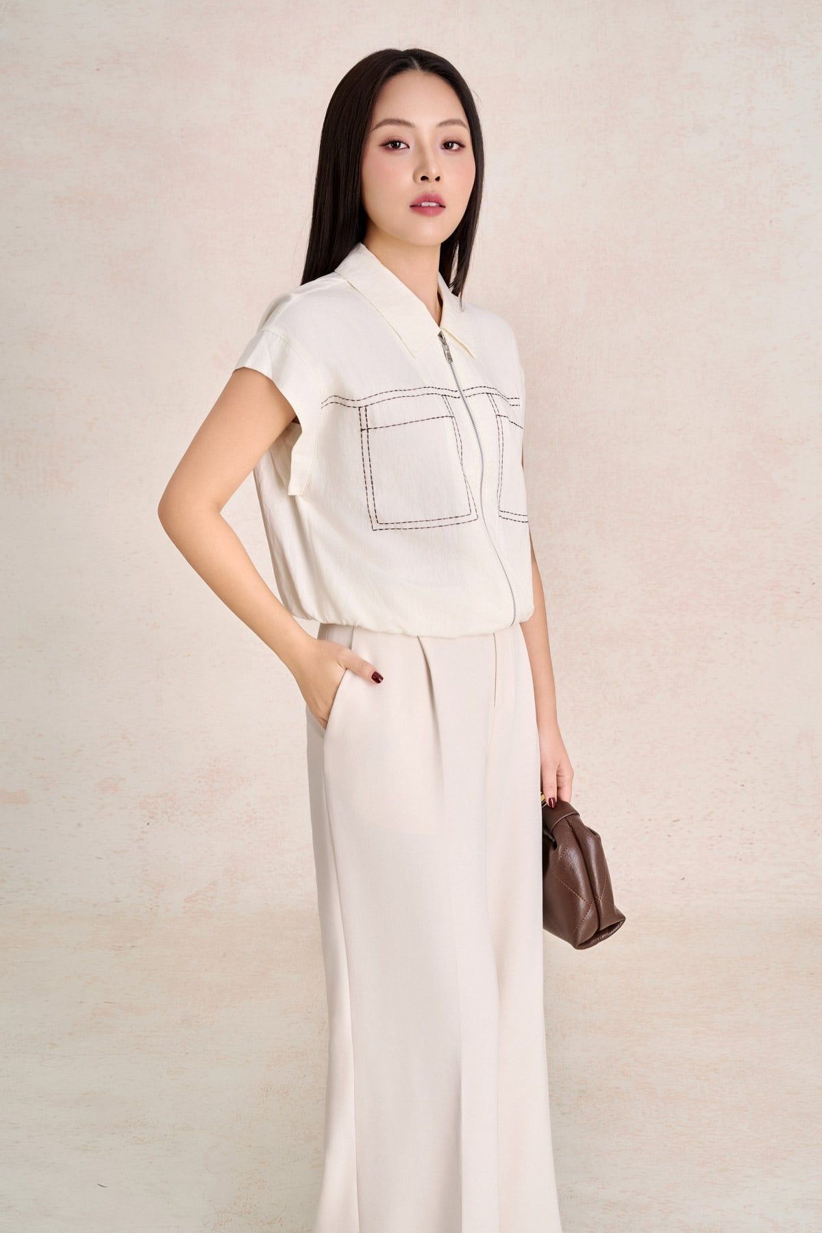FAK31564 - Áo kiểu dạo phố vải thô dáng suông tay chờm ngực áo có túi tạo kiểu khoá thân trước thời trang - PANTIO