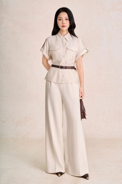 FAK31570 - Áo kiểu công sở vải thô đũi dáng peplum cổ đức tay cộc thân áo phối dây đai tạo kiểu- PANTIO