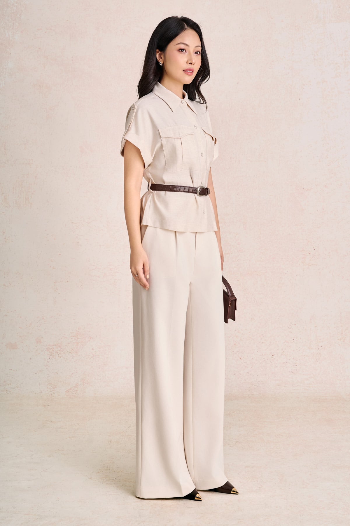 FAK31570 - Áo kiểu công sở vải thô đũi dáng peplum cổ đức tay cộc thân áo phối dây đai tạo kiểu- PANTIO