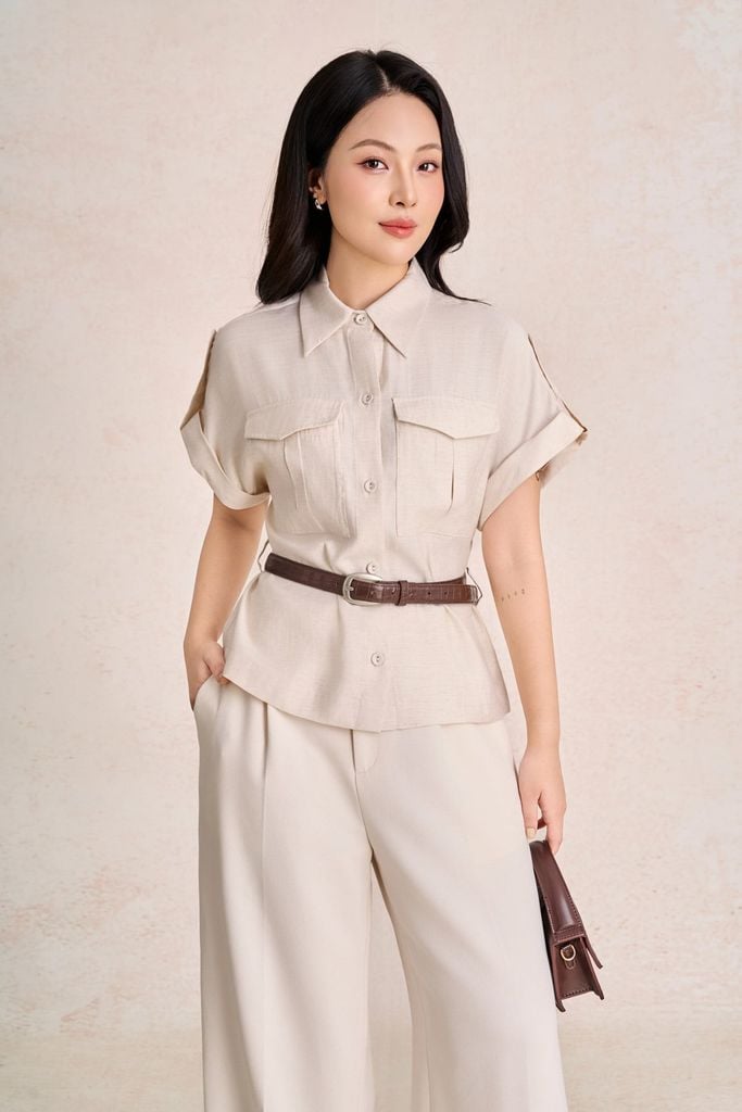 FAK31570 - Áo kiểu công sở vải thô đũi dáng peplum cổ đức tay cộc thân áo phối dây đai tạo kiểu- PANTIO