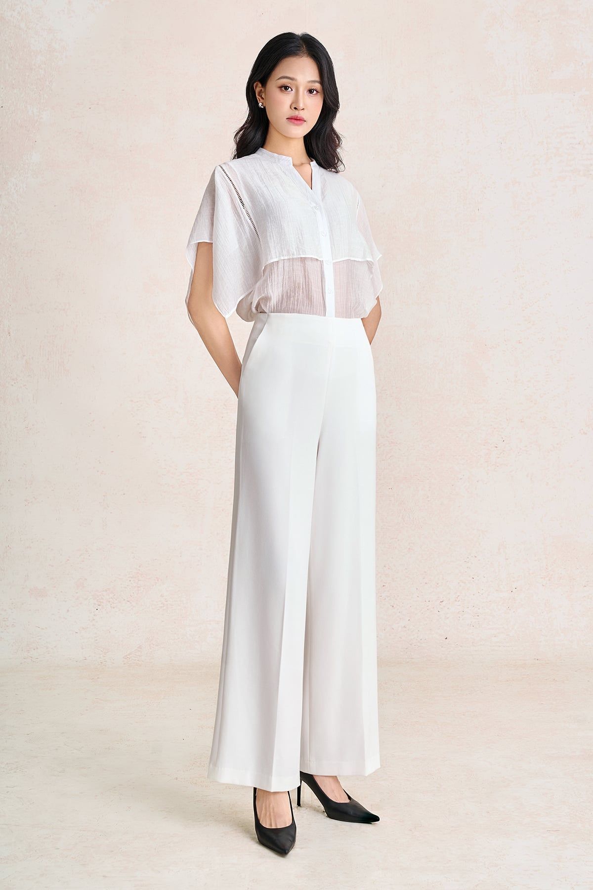 FAK31573 - Áo kiểu công sở vải tơ dáng suông cổ xẻ V tay cánh tiên thời trang - PANTIO
