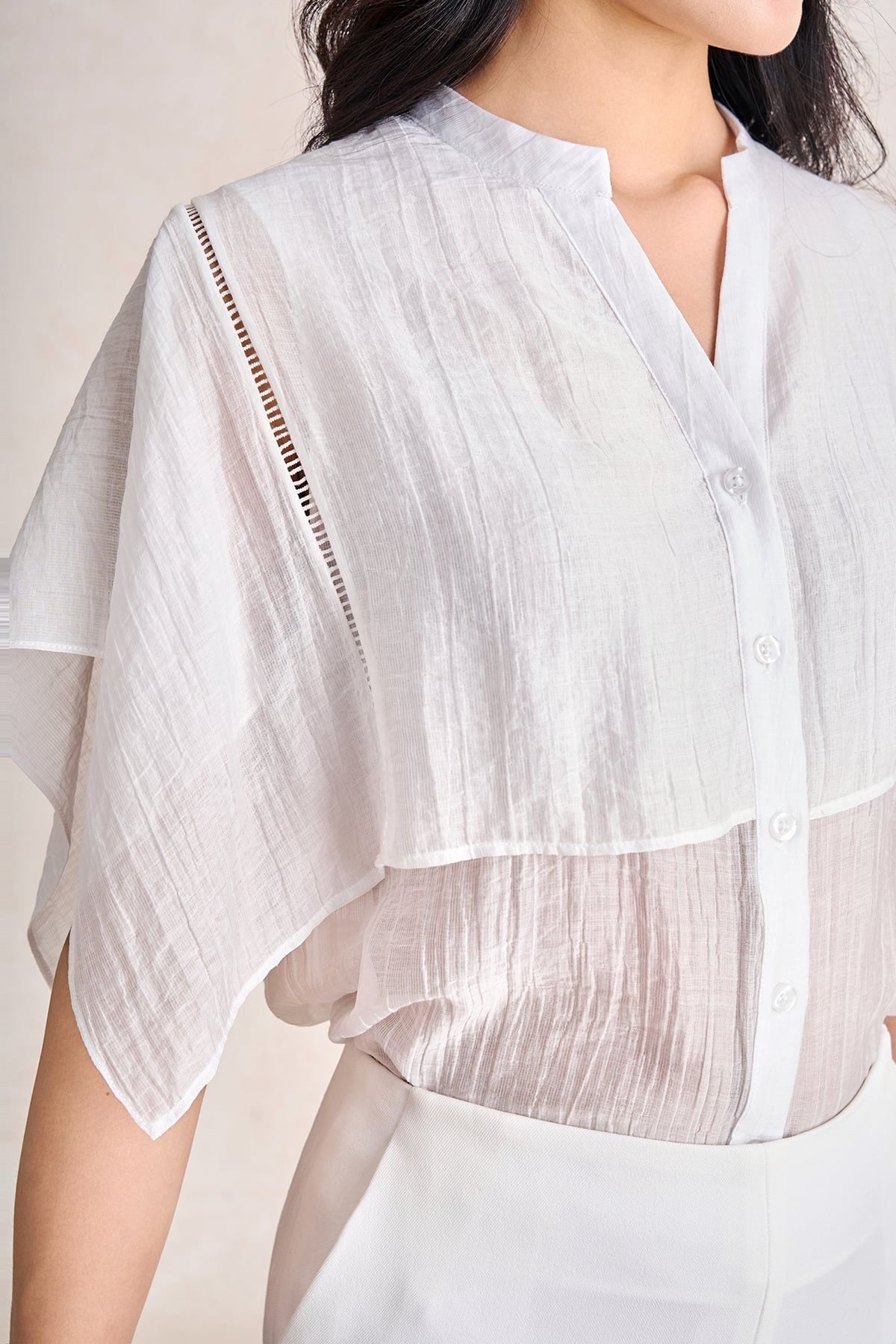 FAK31573 - Áo kiểu công sở vải tơ dáng suông cổ xẻ V tay cánh tiên thời trang - PANTIO