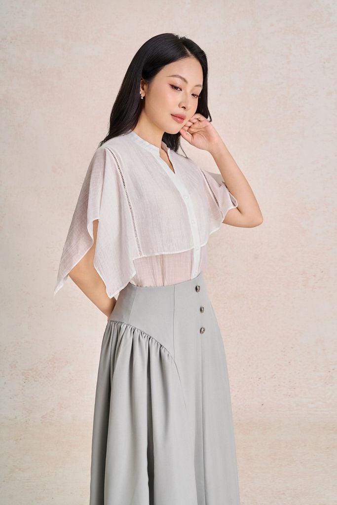 FJD31438 - Chân váy dài công sở vải thô đũi dáng chữ A cạp cao đính khuy đá tạo kiểu hông váy xếp nhún tạo xoè khoá thấn sau - PANTIO