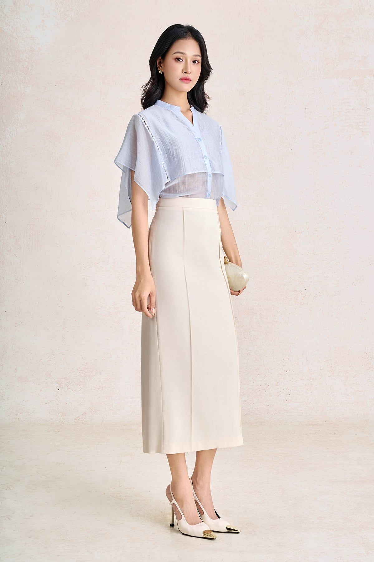 FAK31573 - Áo kiểu công sở vải tơ dáng suông cổ xẻ V tay cánh tiên thời trang - PANTIO